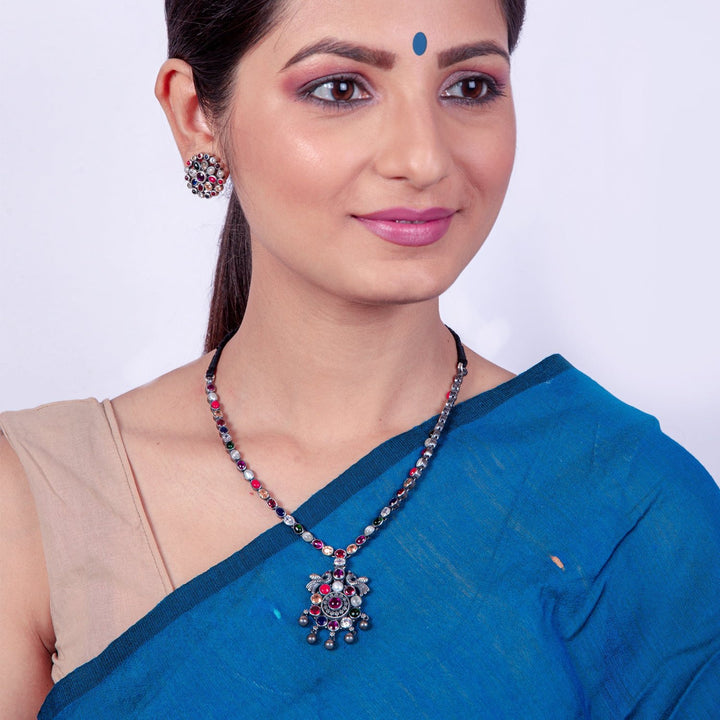Mahika Navarathna Peacock Necklace - 925 oxidized silver