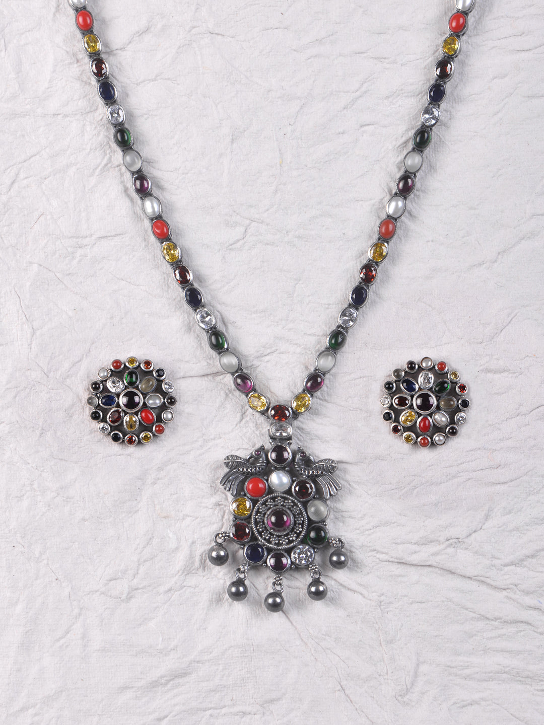 Mahika Navarathna Peacock Necklace - 925 oxidized silver