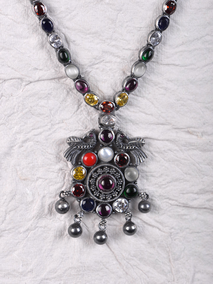 Mahika Navarathna Peacock Necklace - 925 oxidized silver