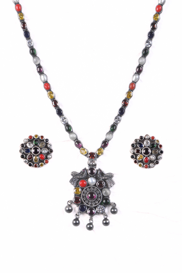 Mahika Navarathna Peacock Necklace - 925 oxidized silver