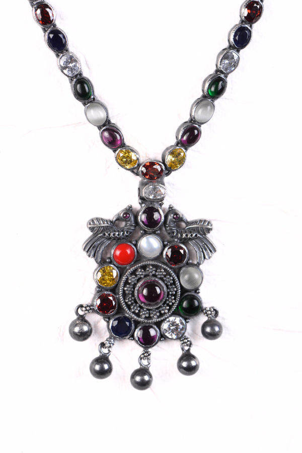 Mahika Navarathna Peacock Necklace - 925 oxidized silver