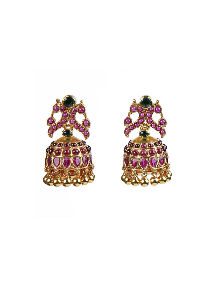 Mayur Red Jhumka Earring - 925 silver gold polish