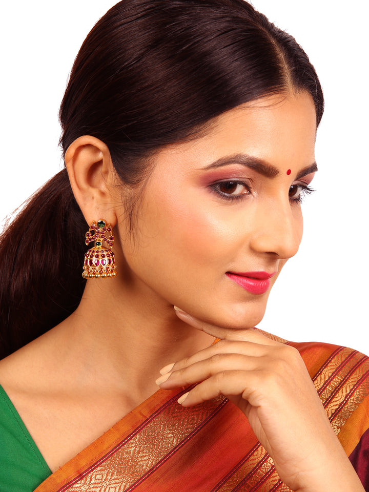 Mayur Red Jhumka Earring - 925 silver gold polish