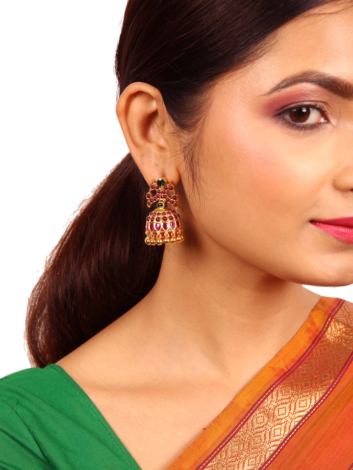 Mayur Red Jhumka Earring - 925 silver gold polish