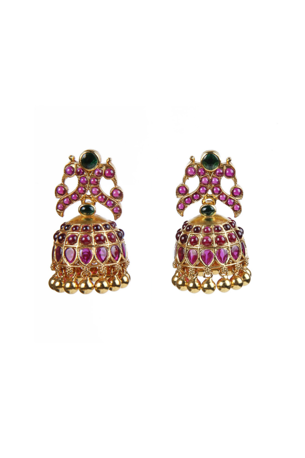 Mayur Red Jhumka Earring - 925 silver gold polish