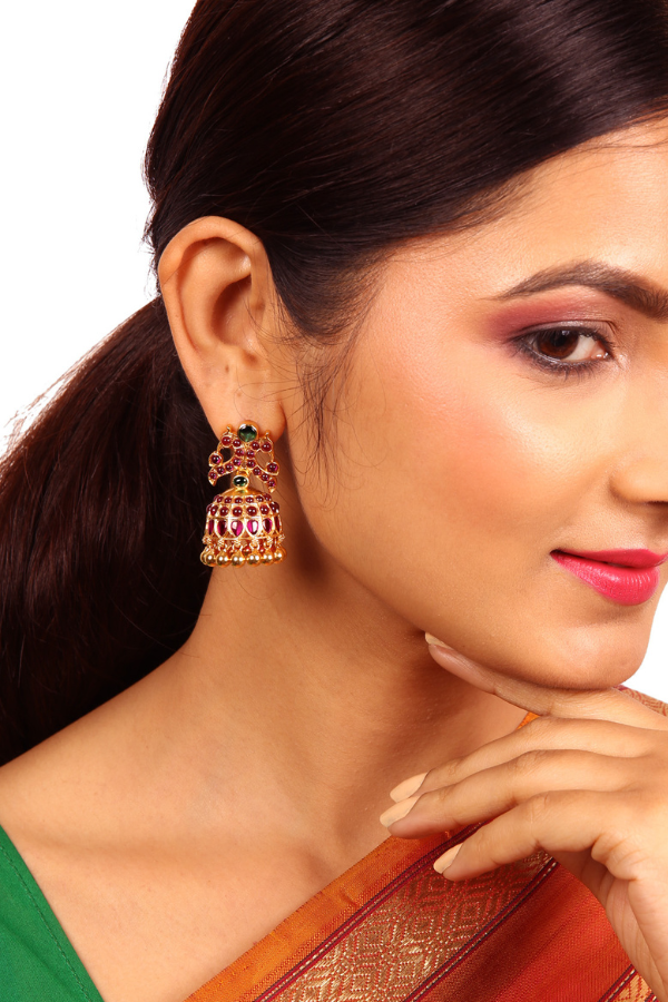 Mayur Red Jhumka Earring - 925 silver gold polish