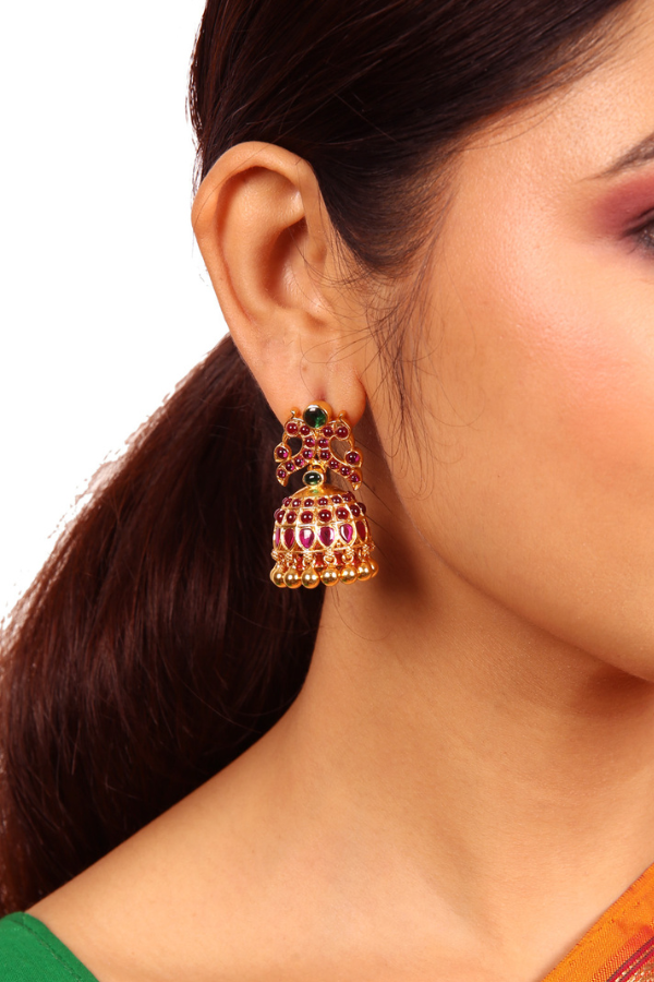 Mayur Red Jhumka Earring - 925 silver gold polish