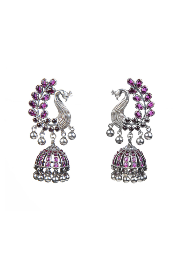 Pair of silver peacock earrings with pink gemstones