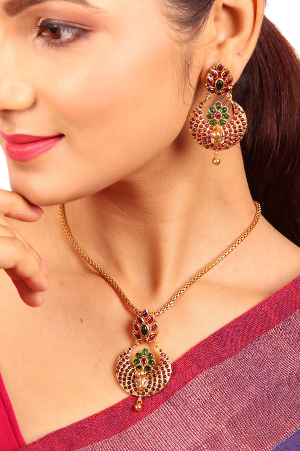 Peacock Chandbali pendant and earring - 925 silver gold polish