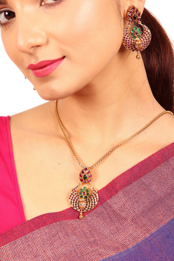 Peacock Chandbali pendant and earring - 925 silver gold polish