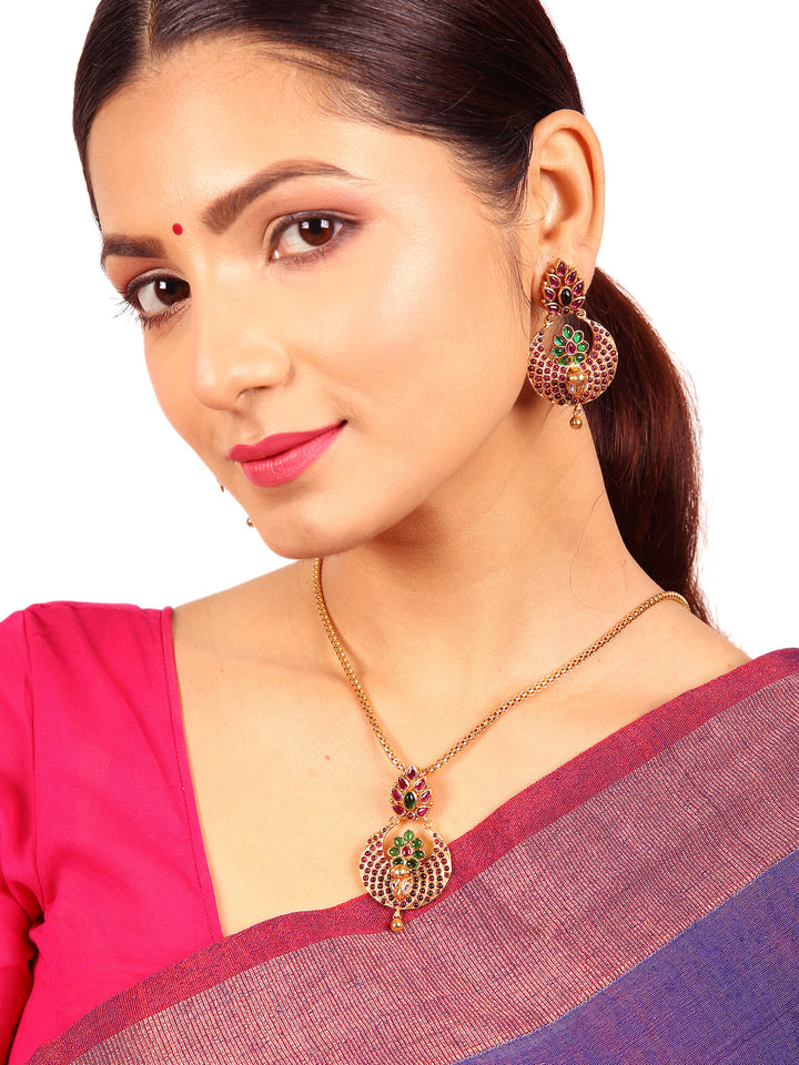 Peacock Chandbali pendant and earring - 925 silver gold polish