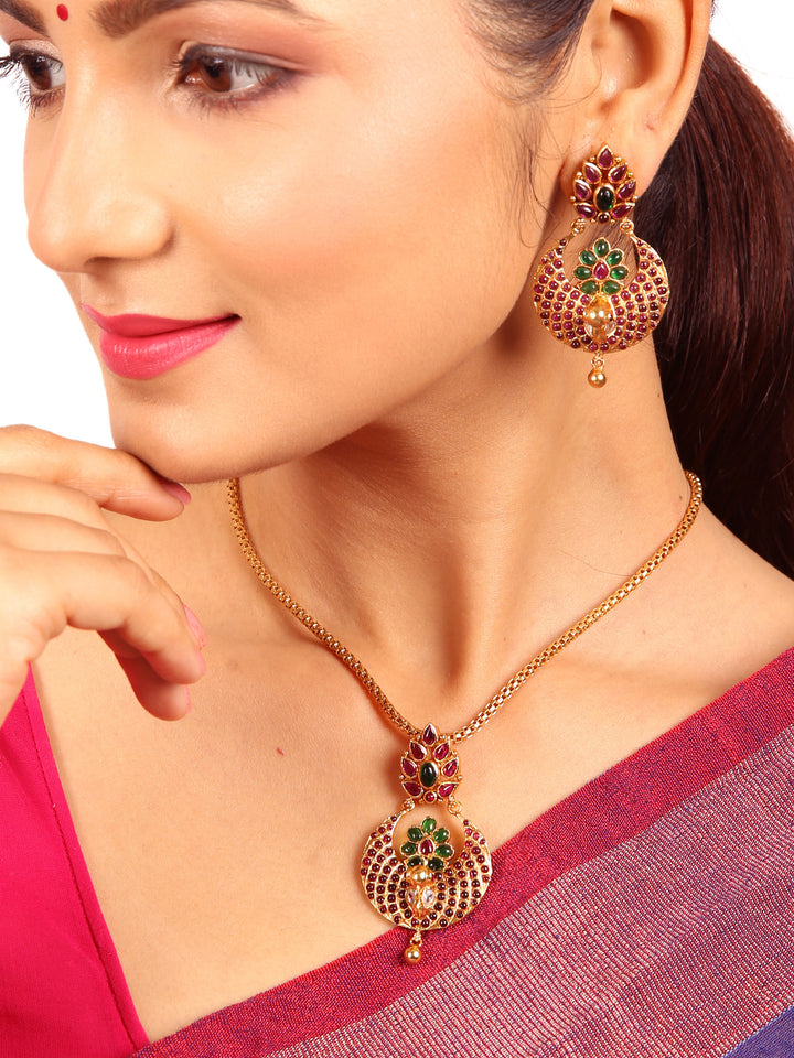Peacock Chandbali pendant and earring - 925 silver gold polish