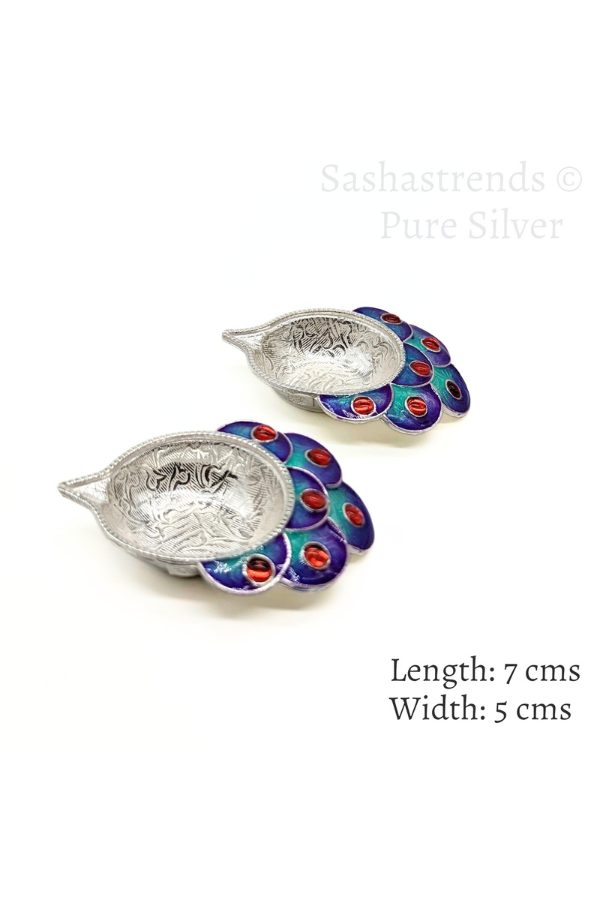 Pure silver diya - 925 silver Peacock style diya- 925 silver gift items - silver return gift for Navratri & housewarming