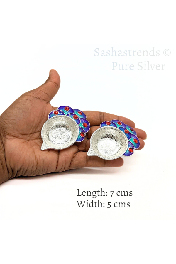 Pure silver diya - 925 silver Peacock style diya- 925 silver gift items - silver return gift for Navratri & housewarming