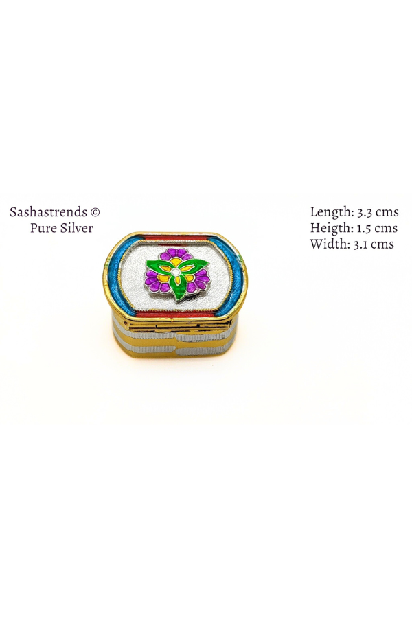 Pure silver flower enamel kumkum box with 2 partition- pure silver gift items-pooja items for home,return gift for navarathri, &housewarming