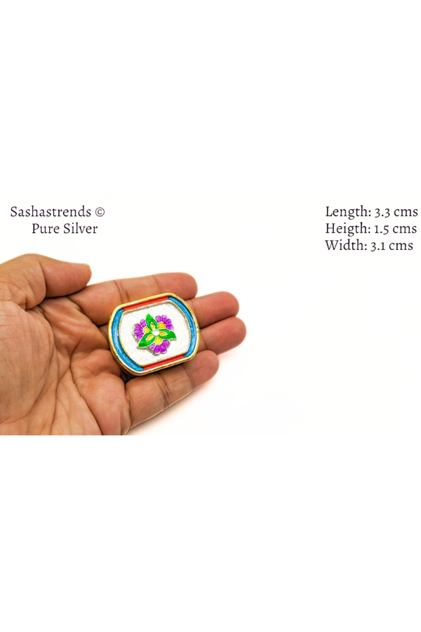 Pure silver flower enamel kumkum box with 2 partition- pure silver gift items-pooja items for home,return gift for navarathri, &housewarming