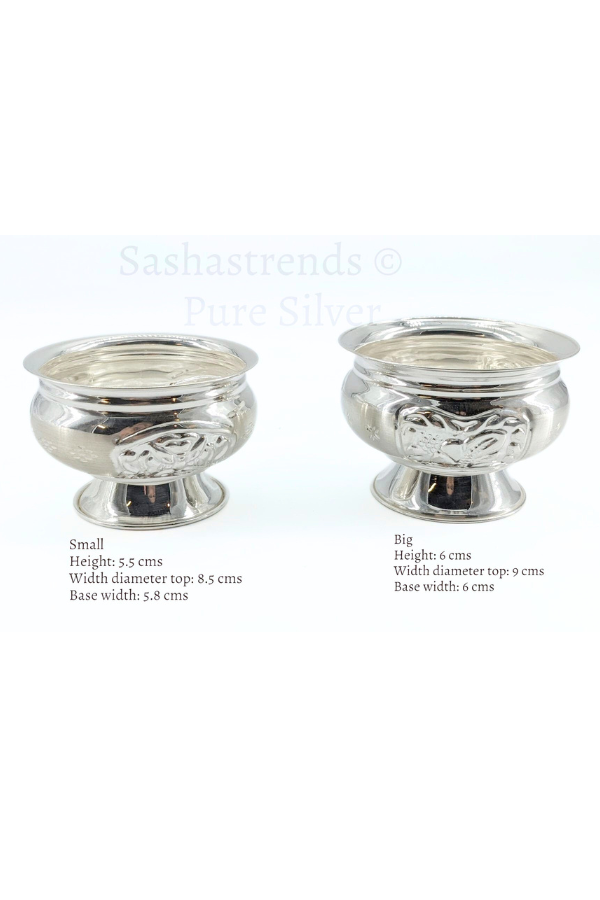 Pure silver flower engraved bowl with base stand -gift items- silver pooja items for home, return gift for navarathri,wedding & housewarming