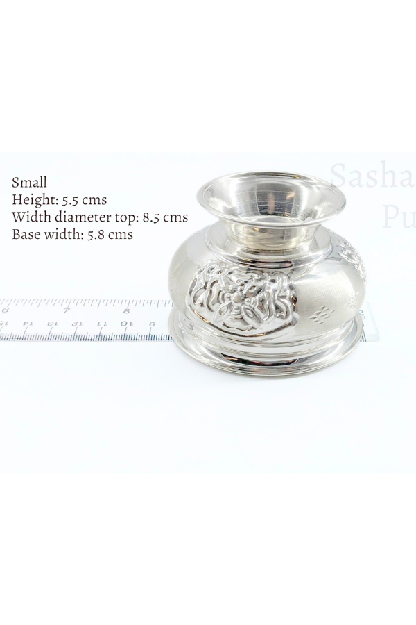 Pure silver flower engraved bowl with base stand -gift items- silver pooja items for home, return gift for navarathri,wedding & housewarming