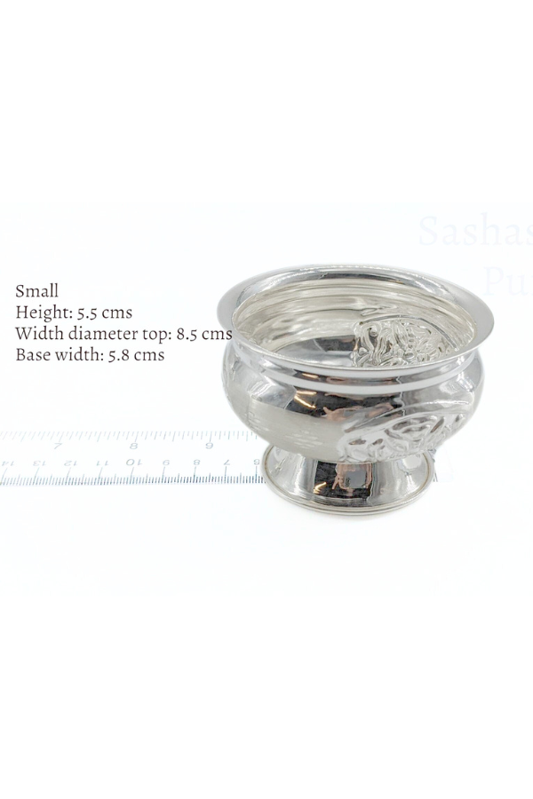 Pure silver flower engraved bowl with base stand -gift items- silver pooja items for home, return gift for navarathri,wedding & housewarming