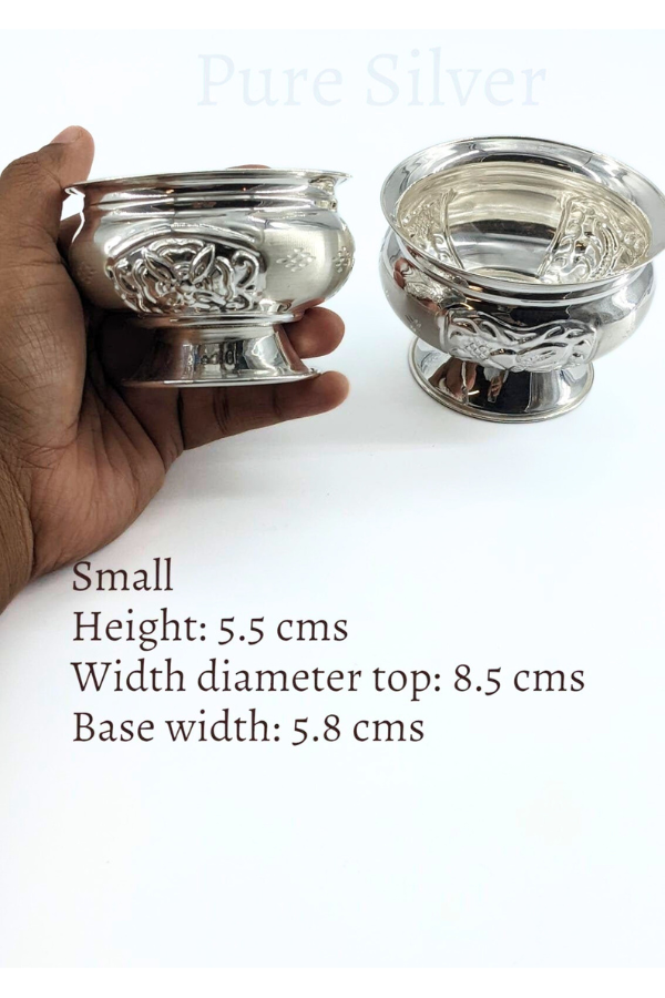 Pure silver flower engraved bowl with base stand -gift items- silver pooja items for home, return gift for navarathri,wedding & housewarming