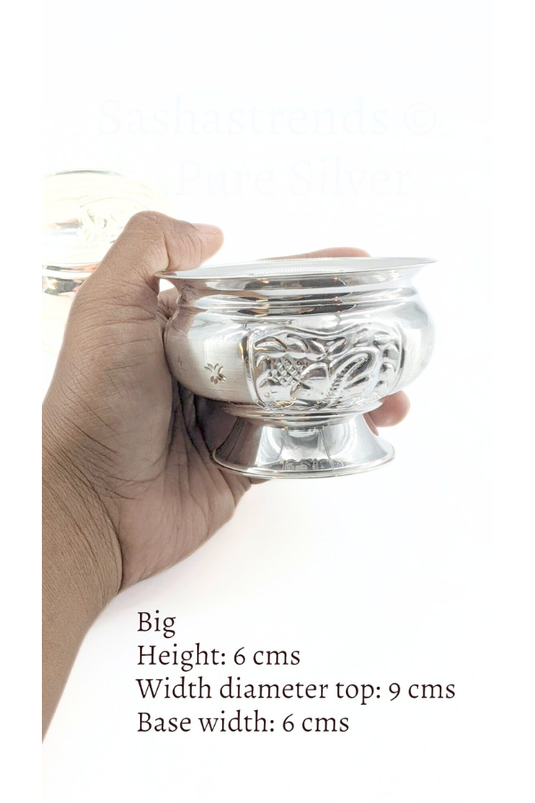 Pure silver flower engraved bowl with base stand -gift items- silver pooja items for home, return gift for navarathri,wedding & housewarming