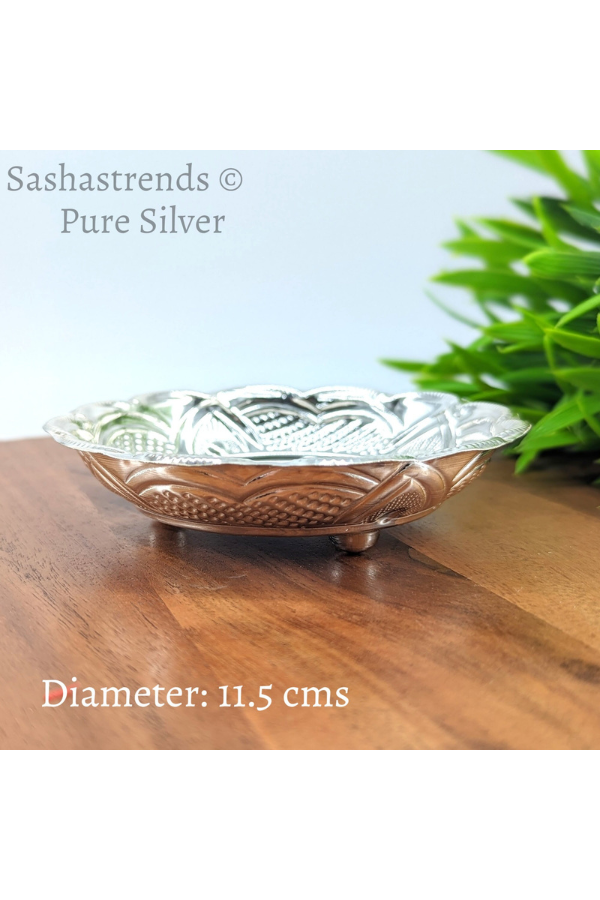 Pure silver plate -11.5 cms diameter- Silver pooja plate - pooja items for home, return gift for navarathri, wedding & housewarming