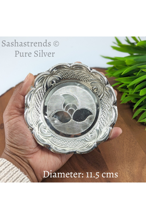 Pure silver plate -11.5 cms diameter- Silver pooja plate - pooja items for home, return gift for navarathri, wedding & housewarming