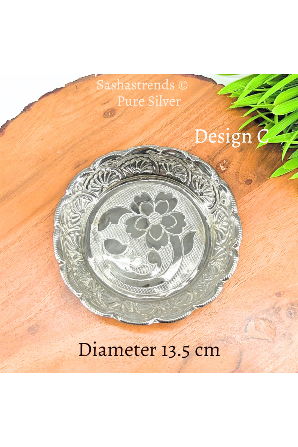 Pure silver plate -13.5 cms diameter- Silver pooja plate - pooja items for home, return gift for navarathri, wedding & housewarming