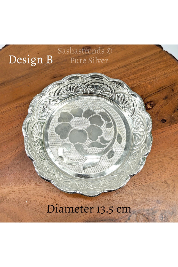 Pure silver plate -13.5 cms diameter- Silver pooja plate - pooja items for home, return gift for navarathri, wedding & housewarming