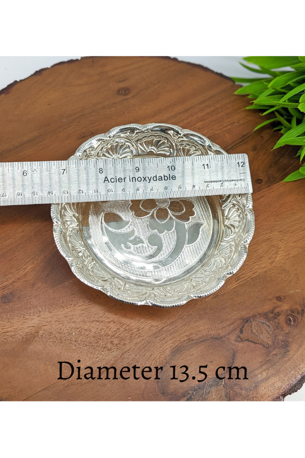 Pure silver plate -13.5 cms diameter- Silver pooja plate - pooja items for home, return gift for navarathri, wedding & housewarming