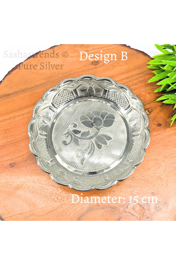 Pure silver plate -15 cms diameter- Silver pooja plate - pooja items for home, return gift for navarathri, wedding & housewarming