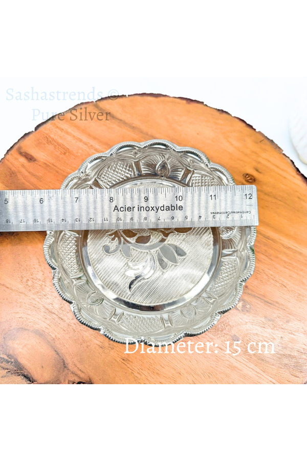 Pure silver plate -15 cms diameter- Silver pooja plate - pooja items for home, return gift for navarathri, wedding & housewarming