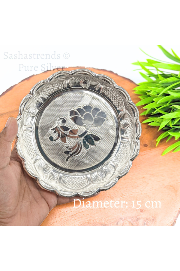 Pure silver plate -15 cms diameter- Silver pooja plate - pooja items for home, return gift for navarathri, wedding & housewarming