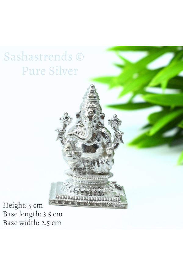 Pure silver statue - 925 silver hollow Ganesha idol seated on Peeta- 925 silver gift items - silver return gift for Navratri & housewarming