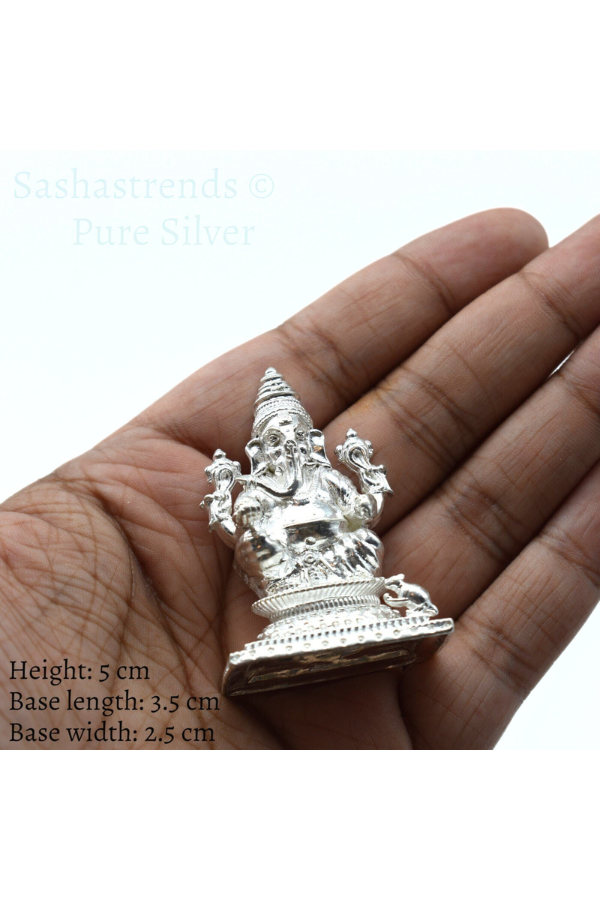 Pure silver statue - 925 silver hollow Ganesha idol seated on Peeta- 925 silver gift items - silver return gift for Navratri & housewarming