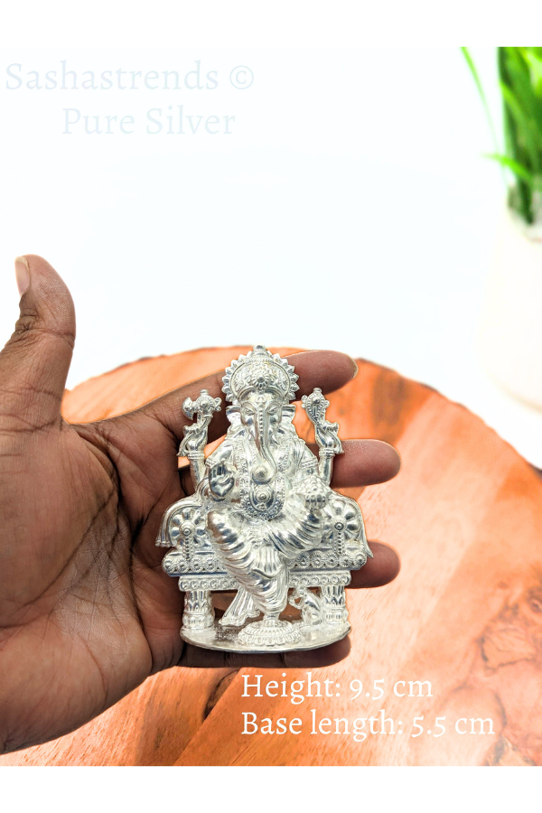 Pure silver statue - 925 silver solid Ganesha idol seated on Peeta- 925 silver gift items - silver return gift for Navratri & housewarming