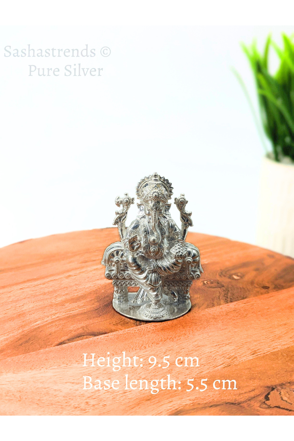 Pure silver statue - 925 silver solid Ganesha idol seated on Peeta- 925 silver gift items - silver return gift for Navratri & housewarming