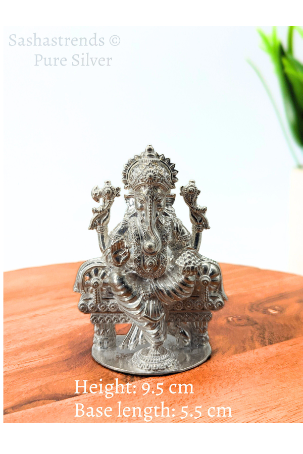 Pure silver statue - 925 silver solid Ganesha idol seated on Peeta- 925 silver gift items - silver return gift for Navratri & housewarming