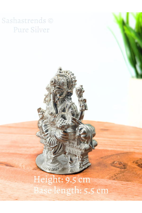 Pure silver statue - 925 silver solid Ganesha idol seated on Peeta- 925 silver gift items - silver return gift for Navratri & housewarming