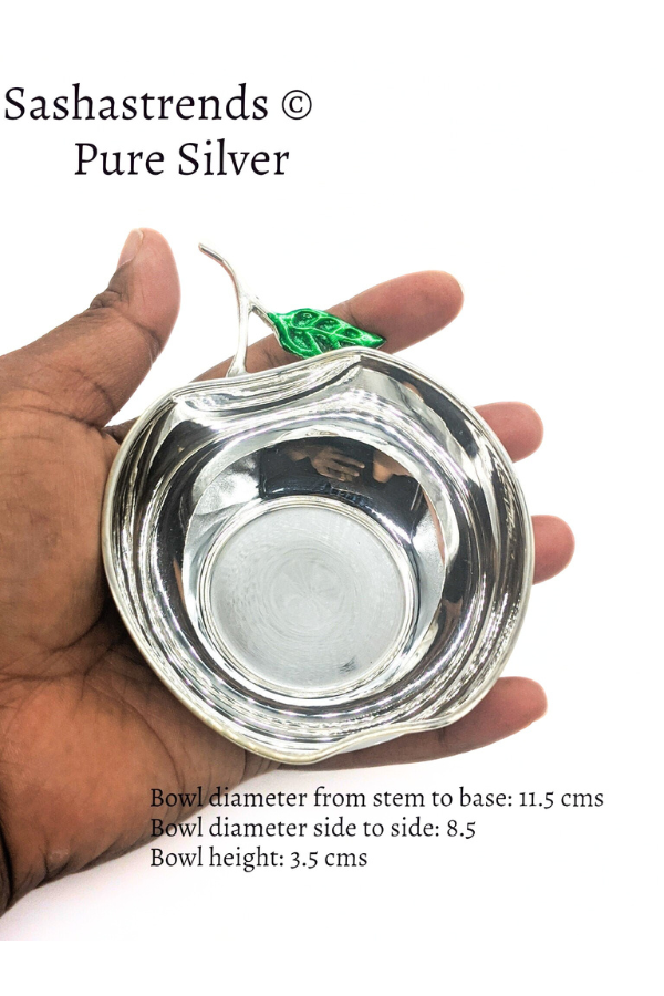 Pure silver sturdy apple shaped bowl 8.5cm diameter- silver babies feeding bowl-silver gift items for birthday, gifts wedding & housewarming