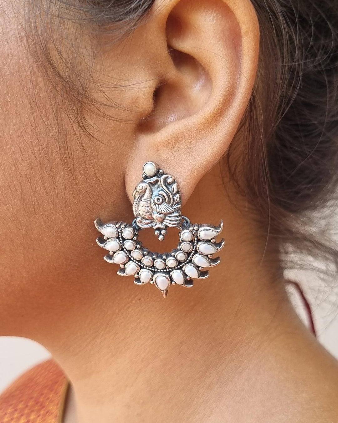 Sterling silver earring, 925 silver jewelry, peacock jewelry, Pearl earring, Navarathri, Christmas, Gifts