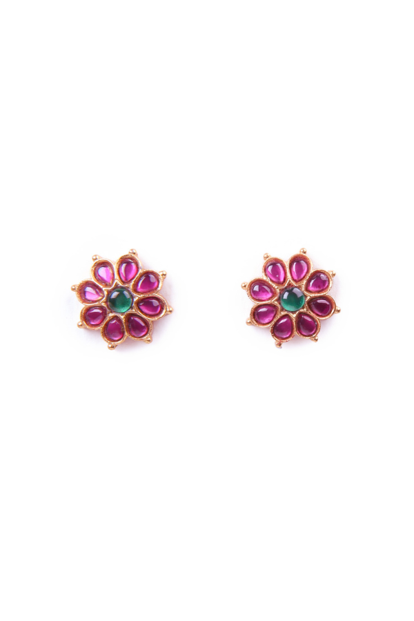 Pair of floral earrings with pink and green gemstones