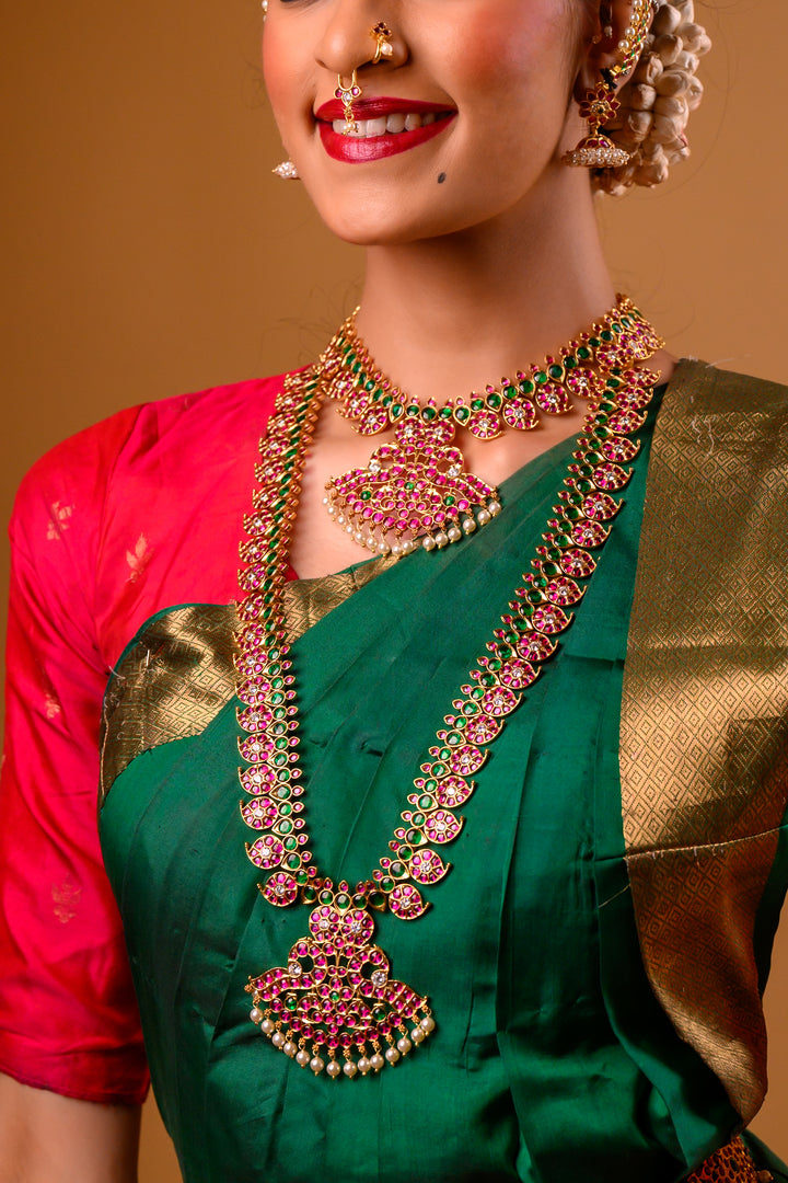 Long Mango Necklace - 925 silver (24 ct gold polish) - Bharatanatyam Haram