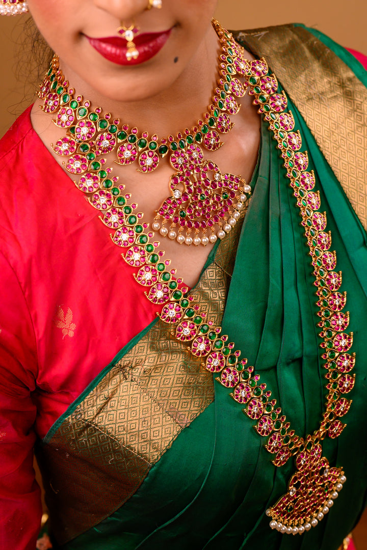Long Mango Necklace - 925 silver (24 ct gold polish) - Bharatanatyam Haram