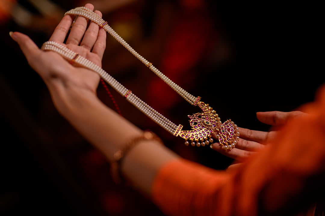 Pearl Necklace - 925 silver necklace (24 ct gold polish) - Bharatanatyam pearl necklace