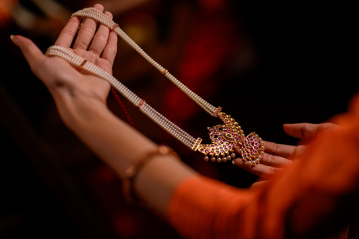 Pearl Necklace - 925 silver necklace (24 ct gold polish) - Bharatanatyam pearl necklace