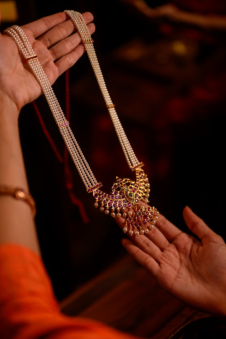 Pearl Necklace - 925 silver necklace (24 ct gold polish) - Bharatanatyam pearl necklace