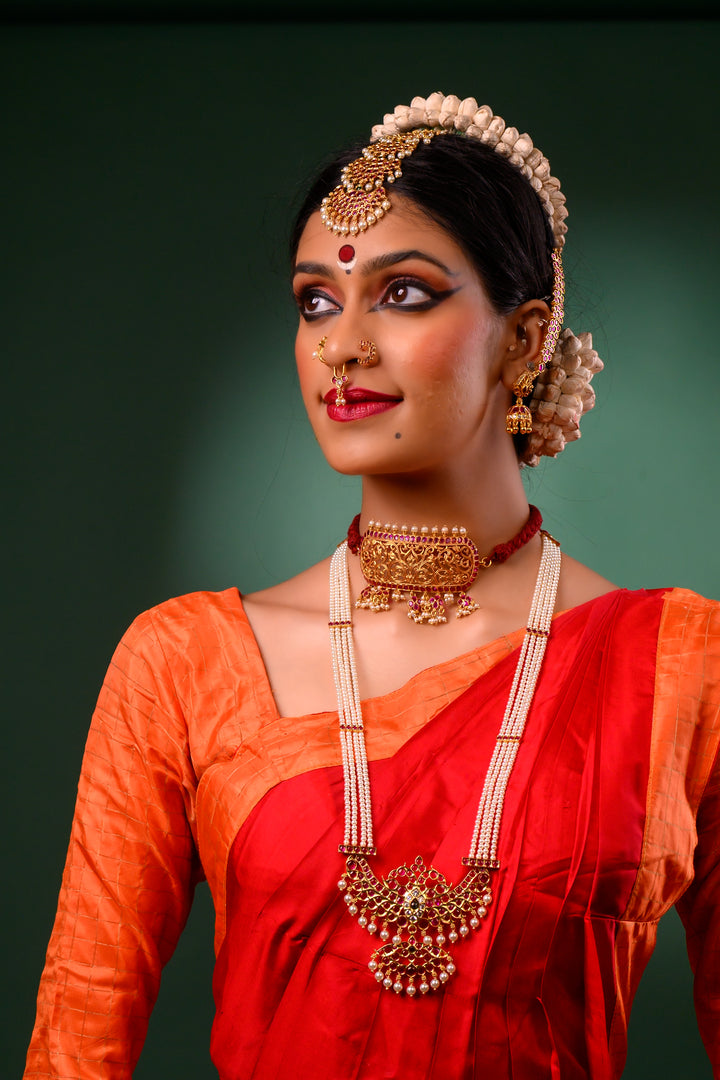 Pearl Necklace - 925 silver necklace (24 ct gold polish) - Bharatanatyam pearl necklace