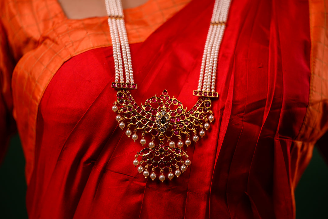 Pearl Necklace - 925 silver necklace (24 ct gold polish) - Bharatanatyam pearl necklace