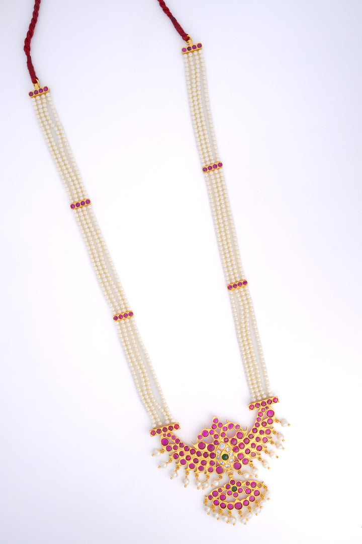 Pearl Necklace - 925 silver necklace (24 ct gold polish) - Bharatanatyam pearl necklace